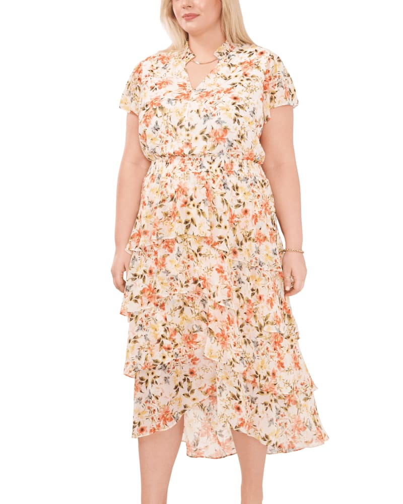 Front of a model wearing a size 0X Britt Ruffle Tier Maxi in DAYBRK WTRCLR by 1.State. | dia_product_style_image_id:262620
